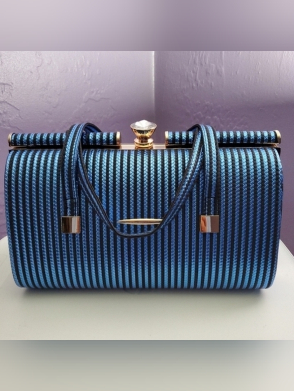 Vintage-Style Structured Blue Striped Handbag